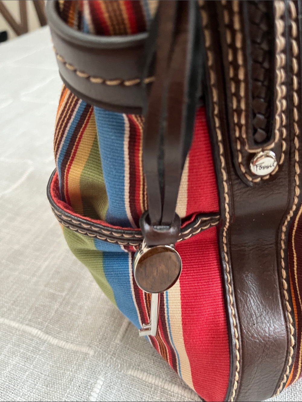 VINTAGE Fossil Multicolor Striped Canvas Shoulder Bag with Brown Leather Trim - Picture 8 of 10